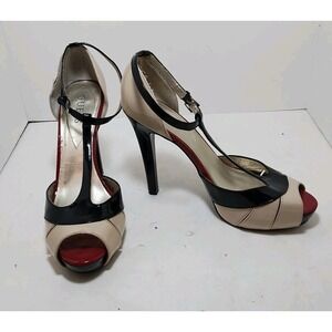Vintage Guess Peep Toe T-Strap Stiletto Sz 9.5 Black Cream 5" Heels Sexy Sandals